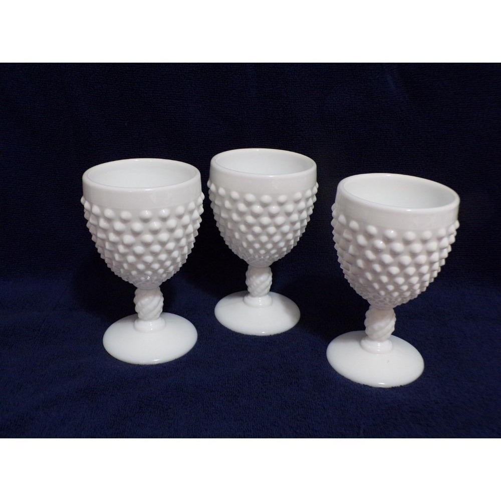 Fenton Hobnail White Milk Glass Goblets 6 Ounce 1960"s Set of 3 Vintage